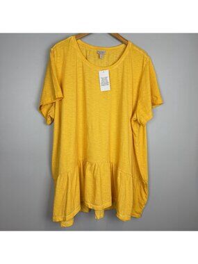 LOGO by Lori Goldstein Yellow Top with Ruffles Womens Size 4X Short Sleeve NWT